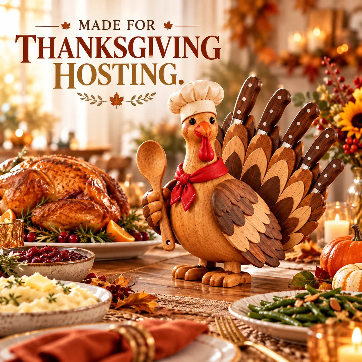 🦃🍂 Wooden Turkey Knife Holder – Thanksgiving Kitchen Décor & Unique Knife Storage 🔪🎁