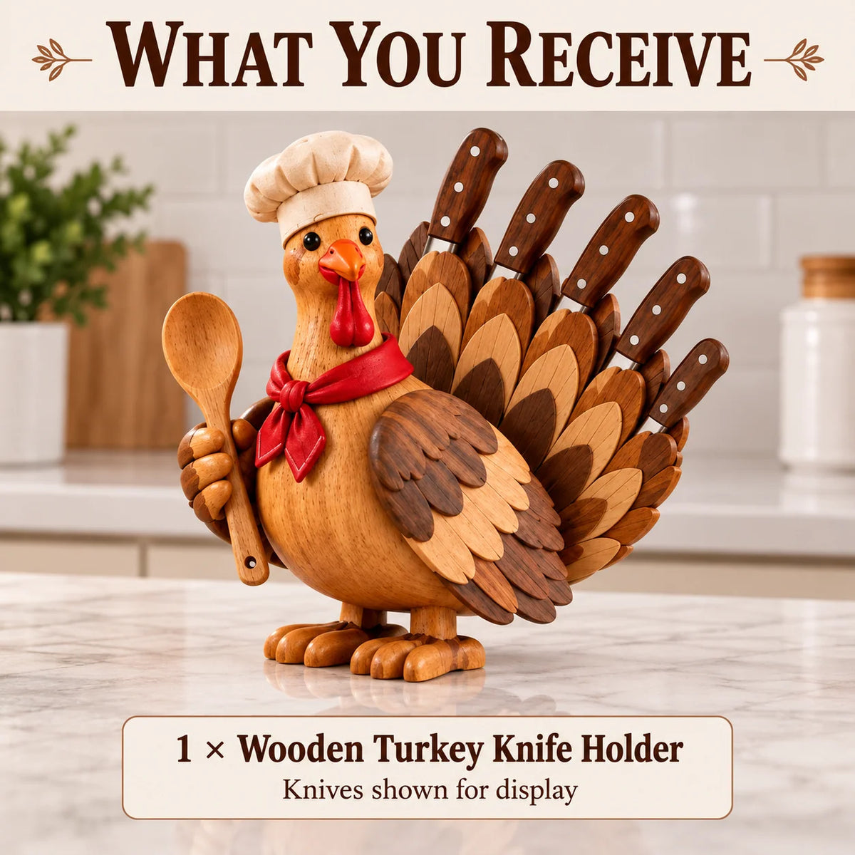🦃🍂 Wooden Turkey Knife Holder – Thanksgiving Kitchen Décor & Unique Knife Storage 🔪🎁