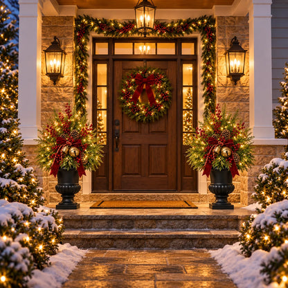 24-Inch Pre-Lit Artificial Christmas Evergreen Urn Filler with Berries, Pinecones & Vintage Bells