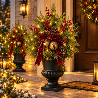 24-Inch Pre-Lit Artificial Christmas Evergreen Urn Filler with Berries, Pinecones & Vintage Bells