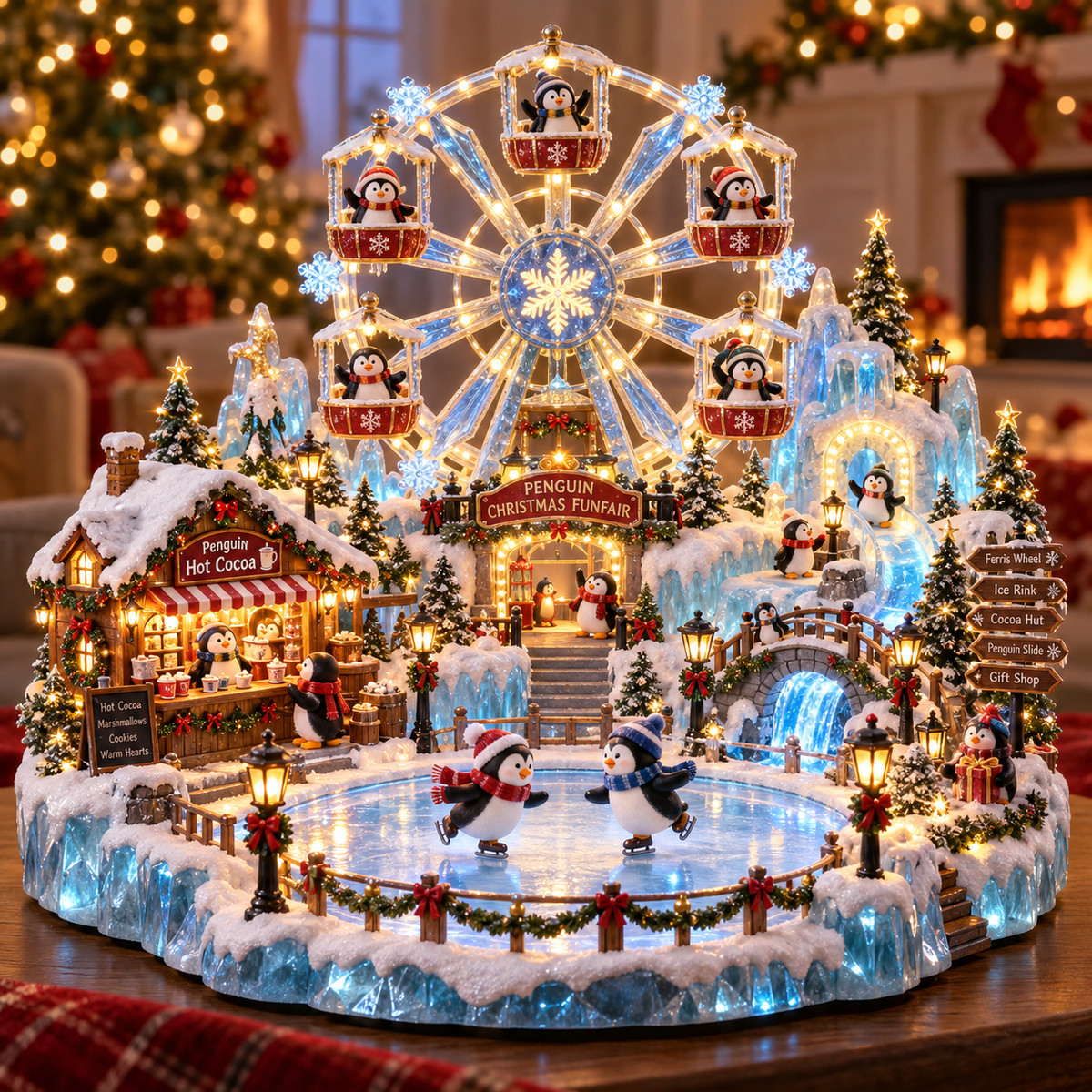 🎡 Penguin Christmas Funfair – Light-Up Ferris Wheel & Winter Village Decoration