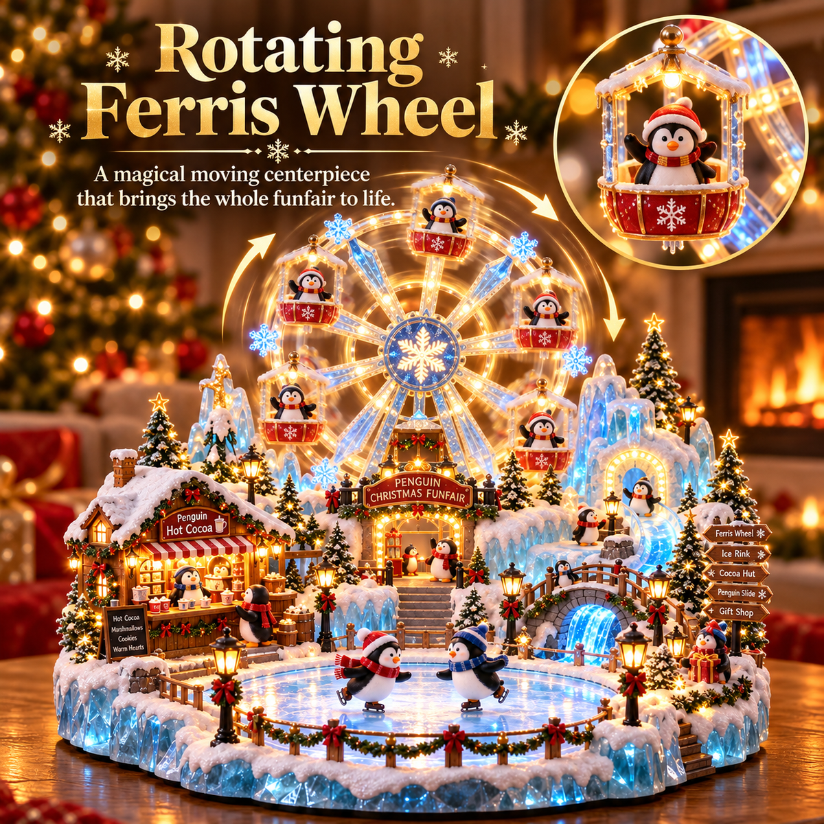 🎡 Penguin Christmas Funfair – Light-Up Ferris Wheel & Winter Village Decoration