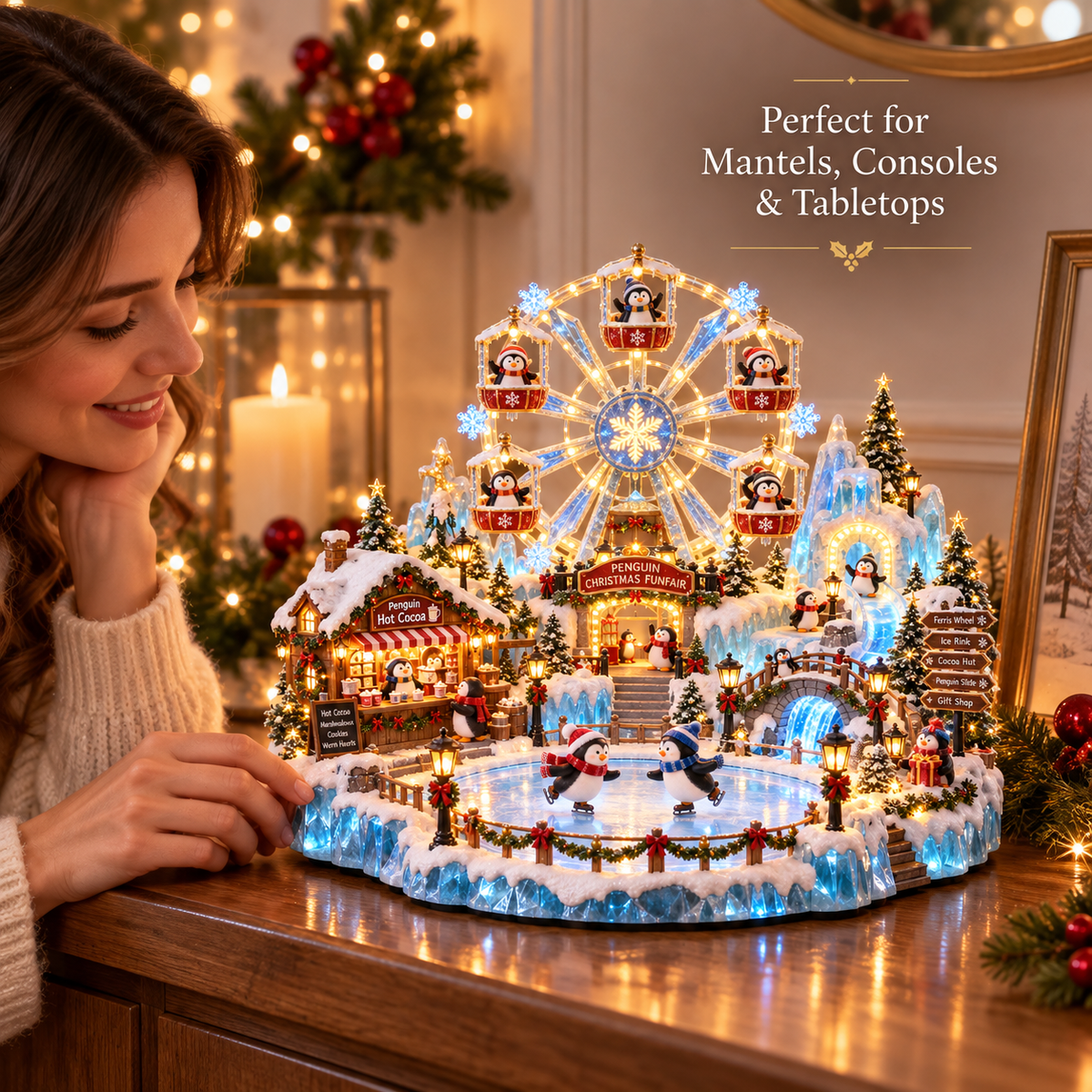 🎡 Penguin Christmas Funfair – Light-Up Ferris Wheel & Winter Village Decoration