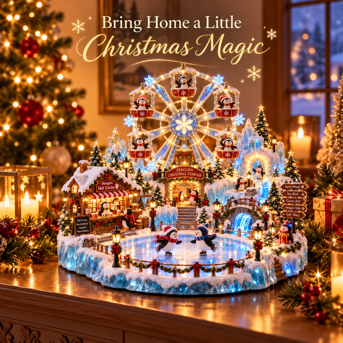 🎡 Penguin Christmas Funfair – Light-Up Ferris Wheel & Winter Village Decoration