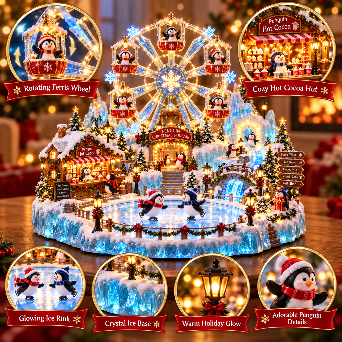 🎡 Penguin Christmas Funfair – Light-Up Ferris Wheel & Winter Village Decoration