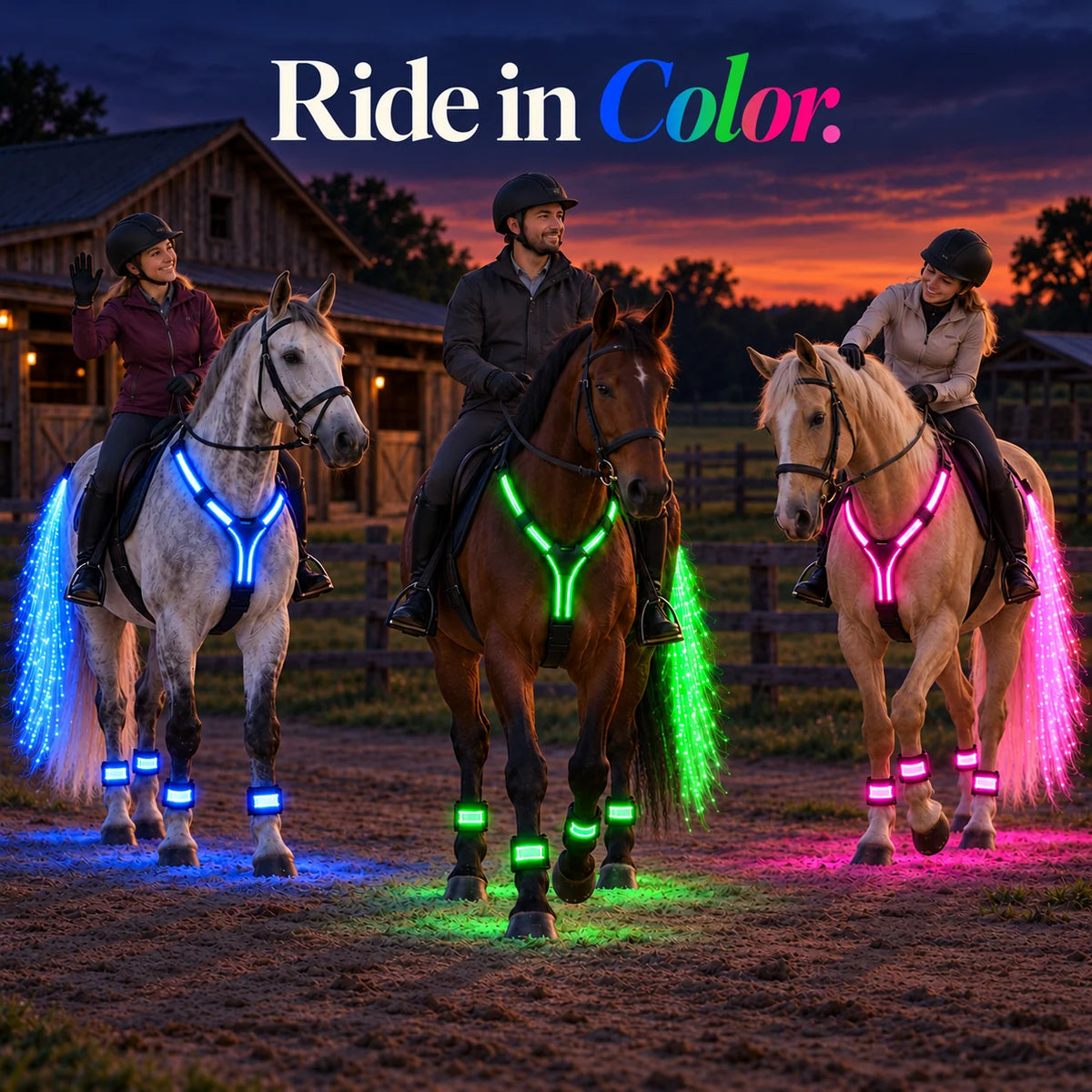 Original Bvuyomi gallery image showing horses wearing blue, green and pink LED lighting sets at dusk