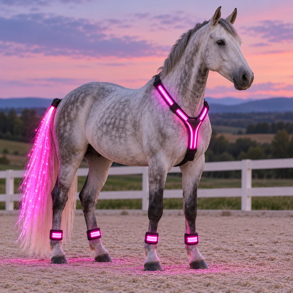 Original product gallery image showing the pink LED horse light set fitted to a white horse