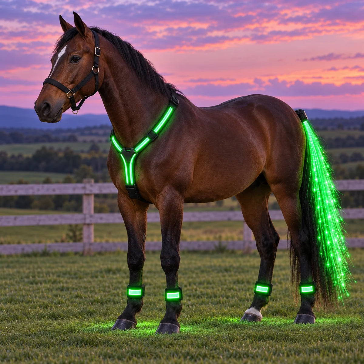 Original product gallery image showing a horse wearing a full green LED chest, leg and tail-light look at dusk