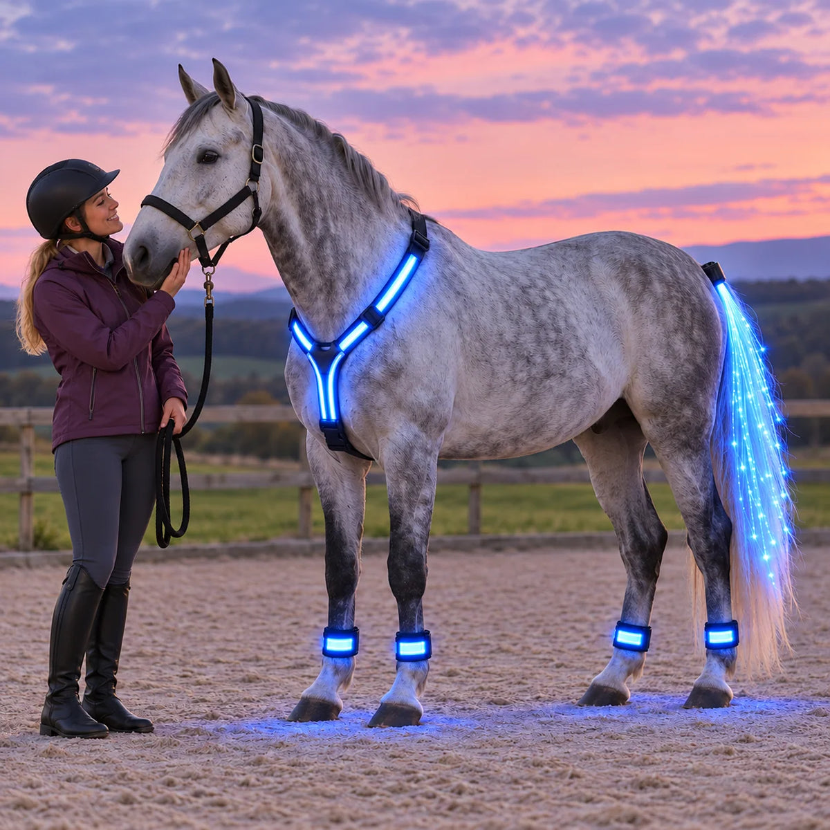 Original product gallery image showing a horse with blue LED chest, leg and tail lighting beside its handler