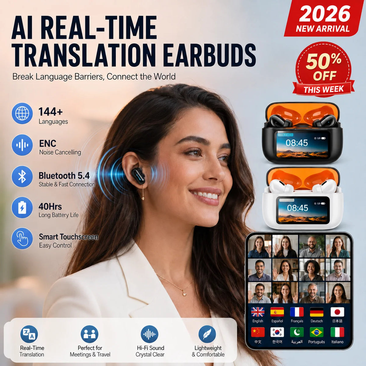 2026 New Bluetooth Wireless Noise-canceling Translation Earbuds