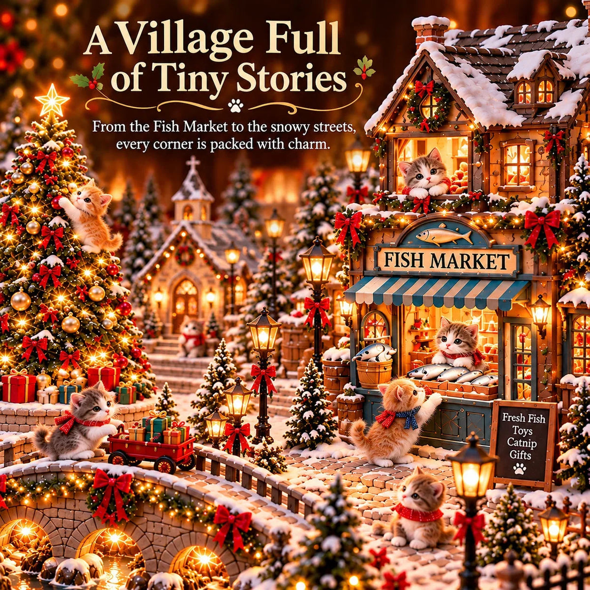 🐱 Light-Up Cat Christmas Village – Miniature Holiday Village Decoration for Cat Lovers