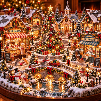 🐱 Light-Up Cat Christmas Village – Miniature Holiday Village Decoration for Cat Lovers