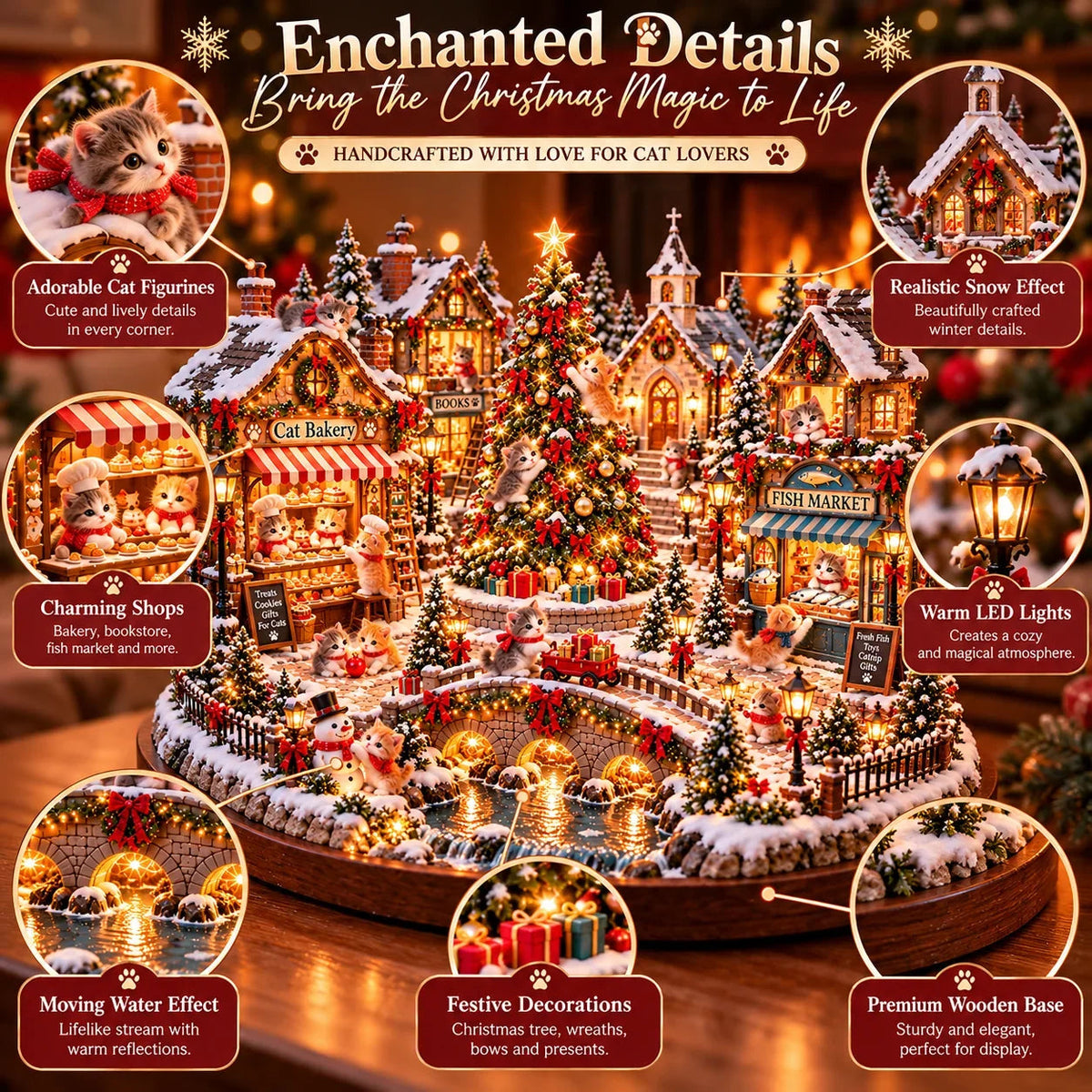 🐱 Light-Up Cat Christmas Village – Miniature Holiday Village Decoration for Cat Lovers