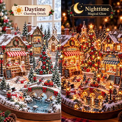 🐱 Light-Up Cat Christmas Village – Miniature Holiday Village Decoration for Cat Lovers