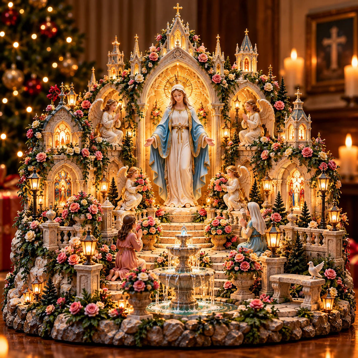 🌹 Blessed Mother Mary Rose Garden Sanctuary – Illuminated Marian Religious Figurine