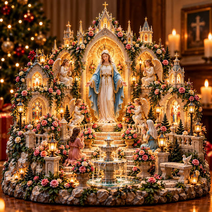 🌹 Blessed Mother Mary Rose Garden Sanctuary – Illuminated Marian Religious Figurine
