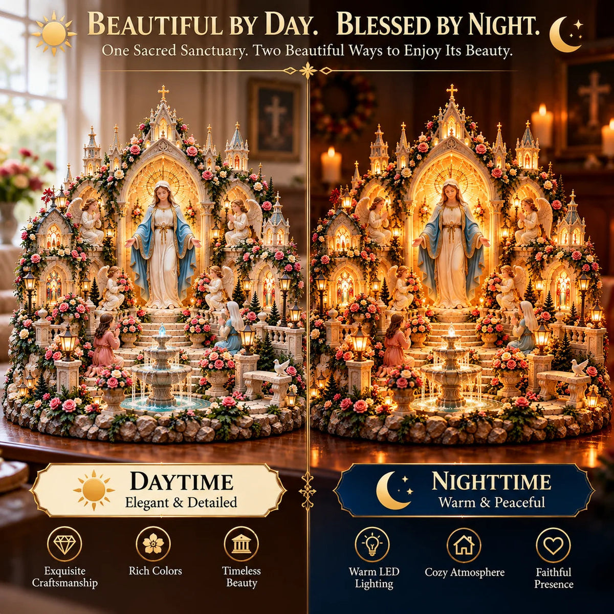 🌹 Blessed Mother Mary Rose Garden Sanctuary – Illuminated Marian Religious Figurine