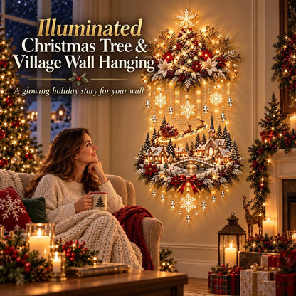 🎄 Light-Up Christmas Tree & Village Wall Hanging – Illuminated Snowy Holiday Wall Decor