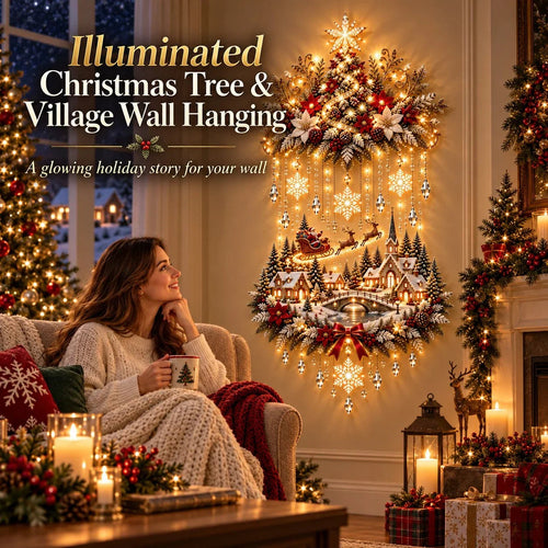 🎄 Light-Up Christmas Tree & Village Wall Hanging – Illuminated Snowy Holiday Wall Decor