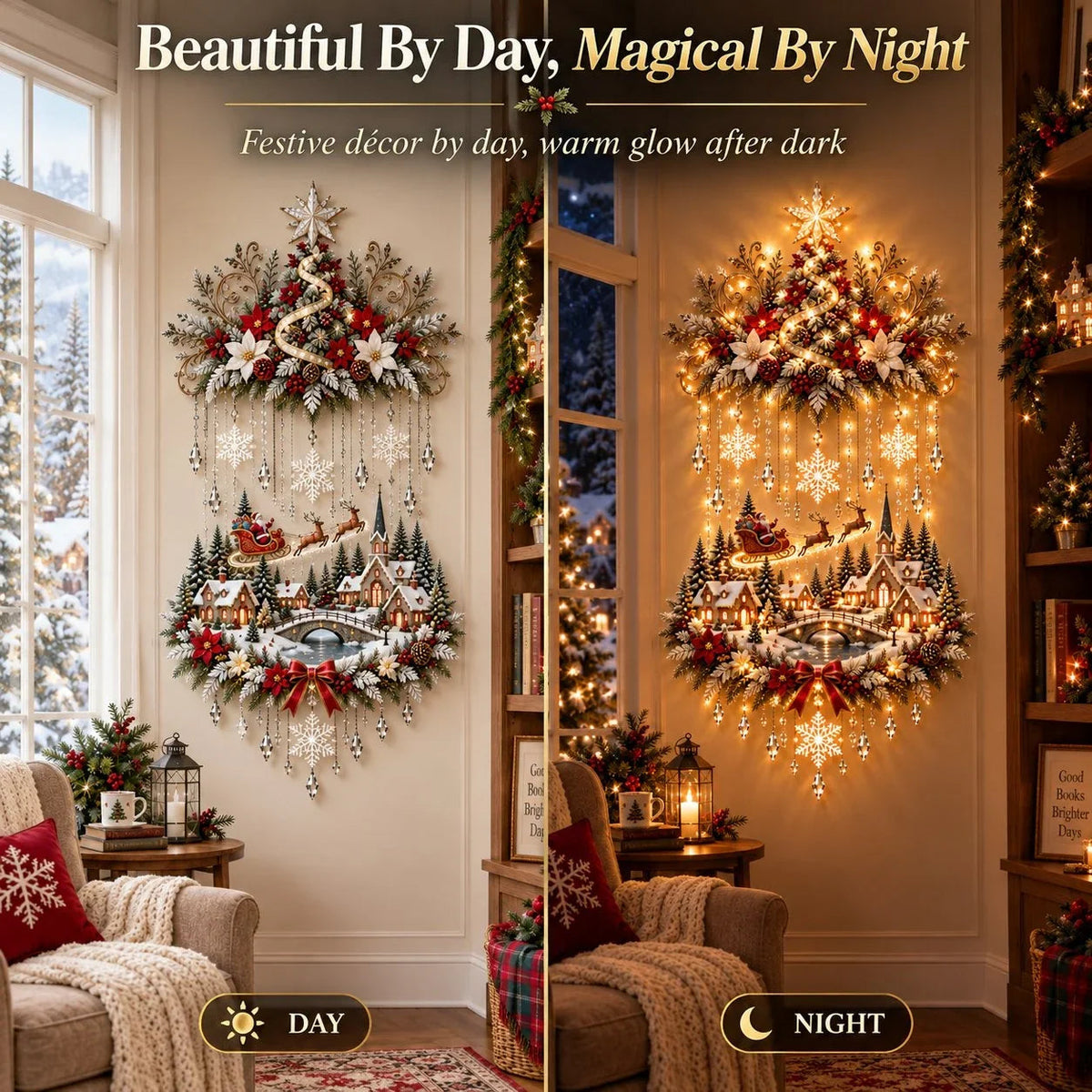 🎄 Light-Up Christmas Tree & Village Wall Hanging – Illuminated Snowy Holiday Wall Decor