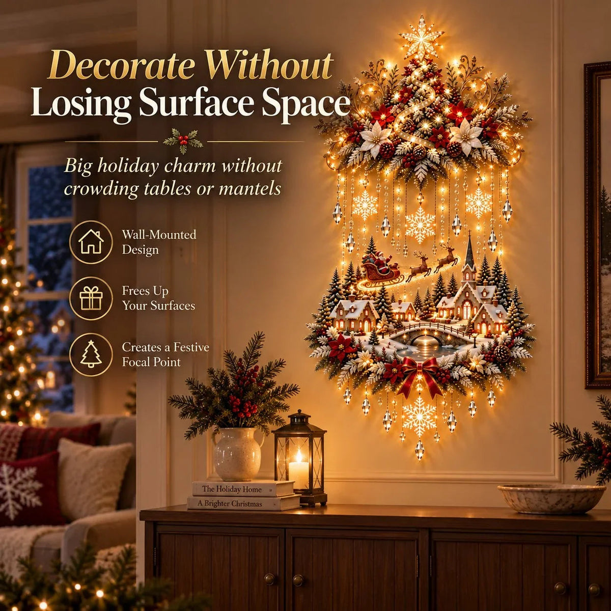 🎄 Light-Up Christmas Tree & Village Wall Hanging – Illuminated Snowy Holiday Wall Decor