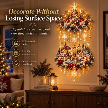 🎄 Light-Up Christmas Tree & Village Wall Hanging – Illuminated Snowy Holiday Wall Decor