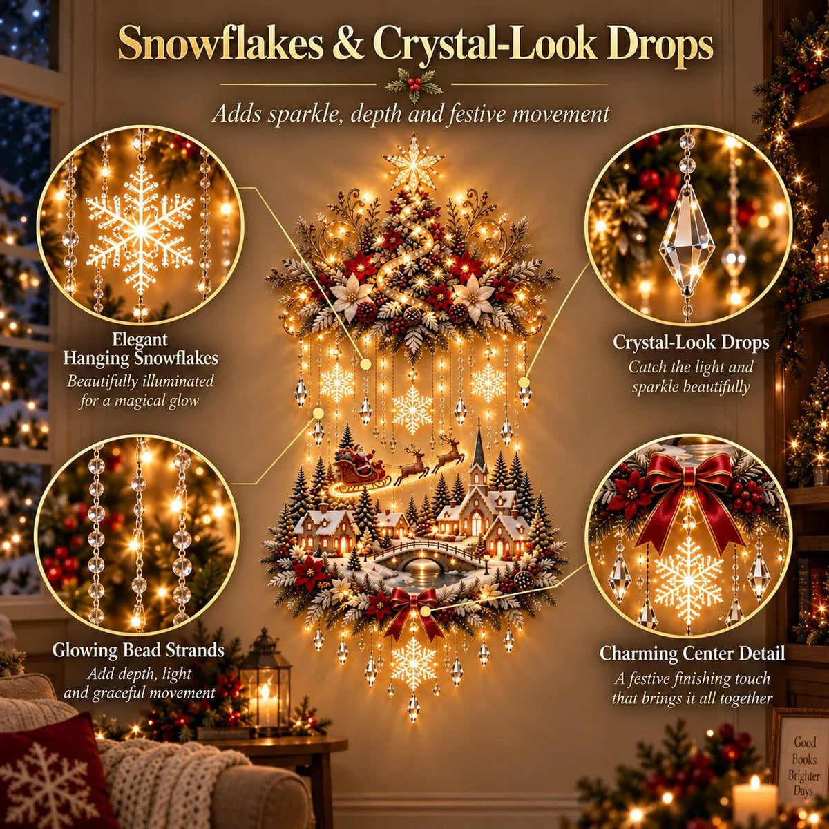 🎄 Light-Up Christmas Tree & Village Wall Hanging – Illuminated Snowy Holiday Wall Decor