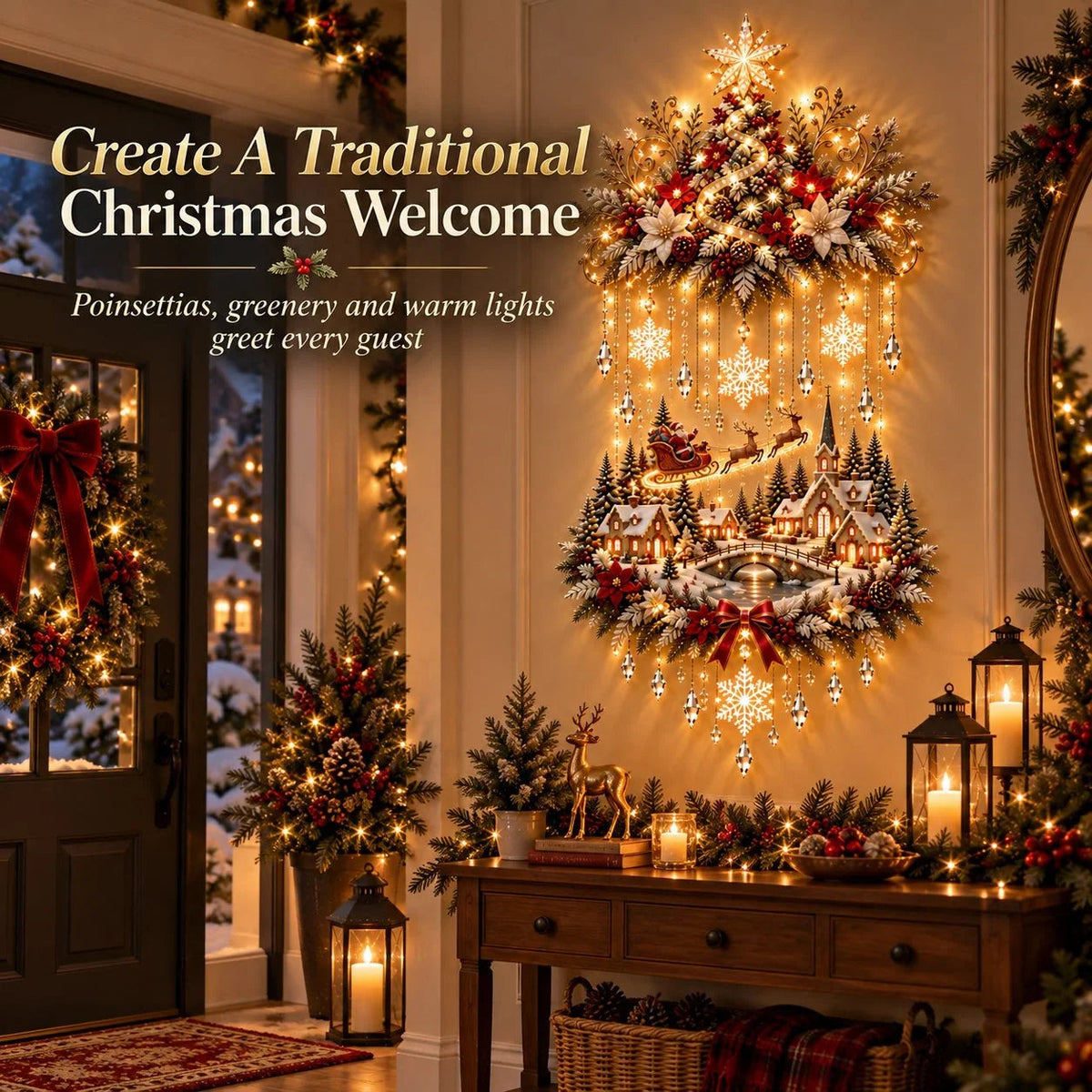 🎄 Light-Up Christmas Tree & Village Wall Hanging – Illuminated Snowy Holiday Wall Decor