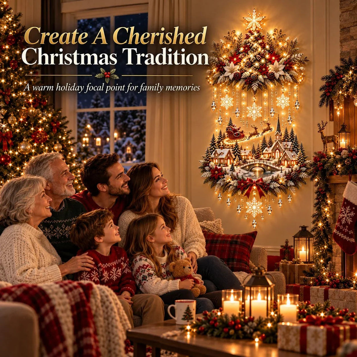 🎄 Light-Up Christmas Tree & Village Wall Hanging – Illuminated Snowy Holiday Wall Decor