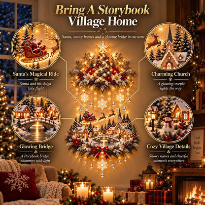 🎄 Light-Up Christmas Tree & Village Wall Hanging – Illuminated Snowy Holiday Wall Decor