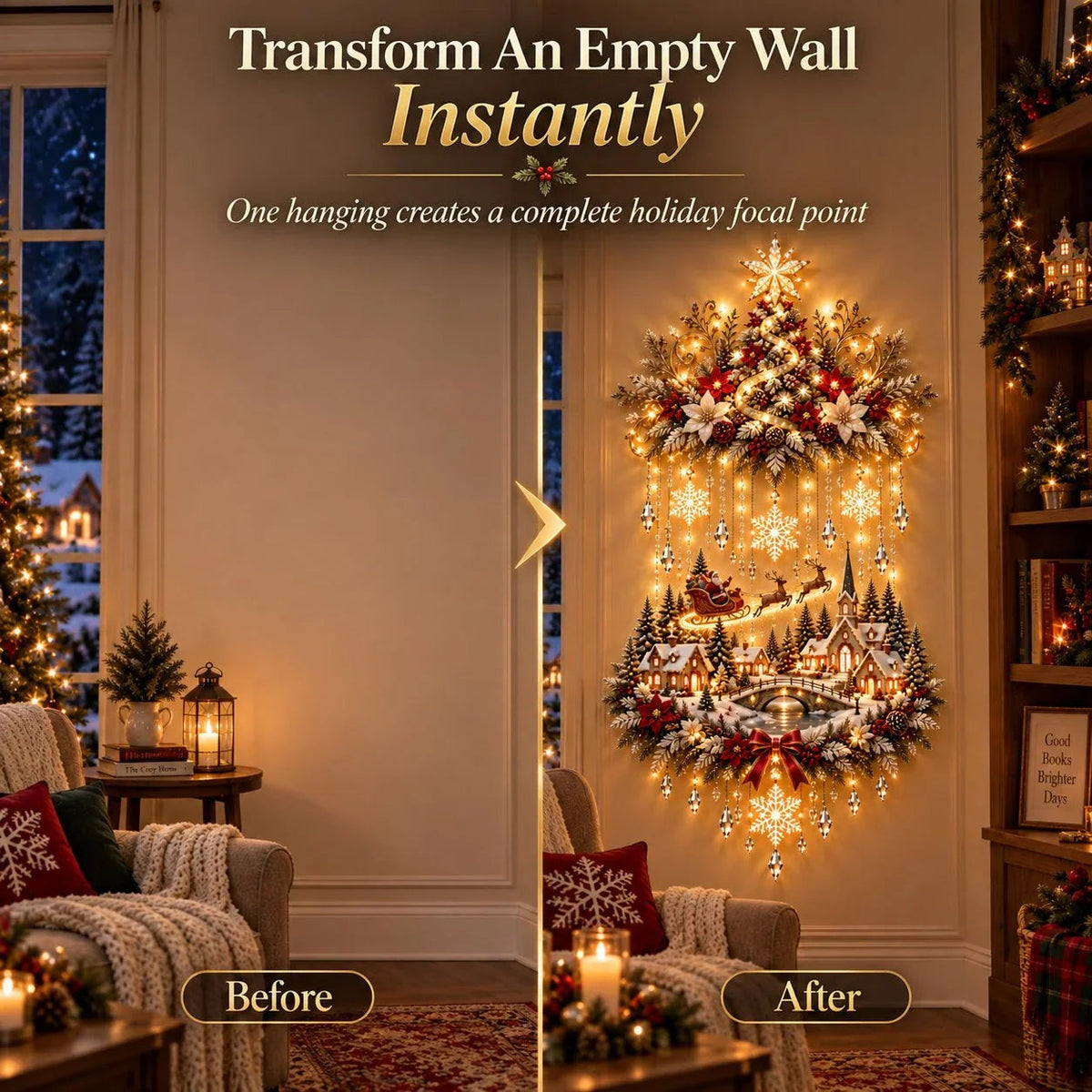 🎄 Light-Up Christmas Tree & Village Wall Hanging – Illuminated Snowy Holiday Wall Decor