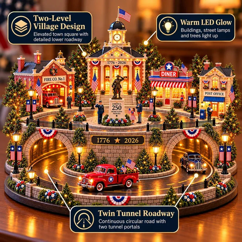 🇺🇸 America 250 Hometown Heroes Light-Up Village – Patriotic Commemorative Decor