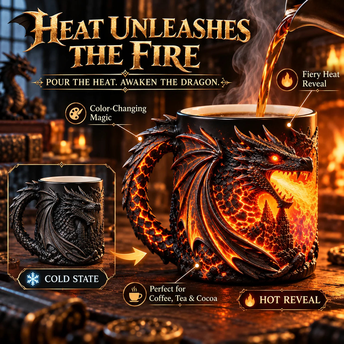 🐉🔥 3D Dragon Heat-Reveal Magic Mug – Color-Changing Fantasy Coffee Cup ☕🎁