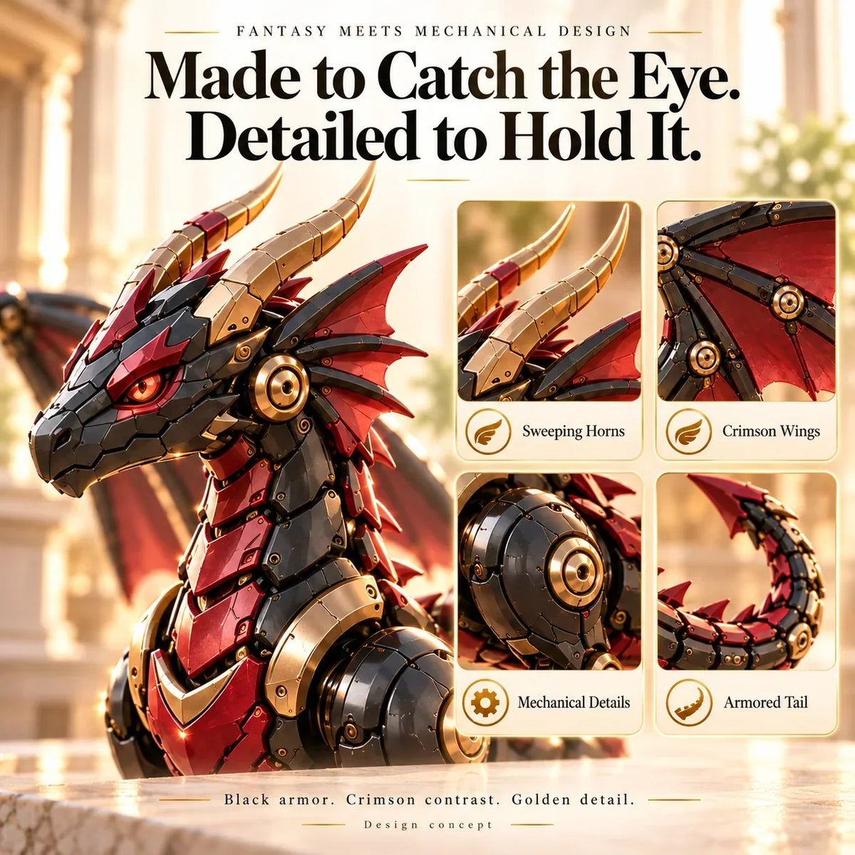 🔥last Day 49% Off -🐉 Mechanical Dragon Egg – Black & Crimson Dragon With Folding Wings & Armored Details