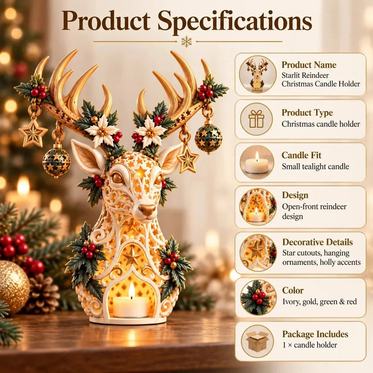 🦌✨ Golden Starlight Reindeer™ – Christmas Candle Holder with Magical Starry Glow 🎄🕯️