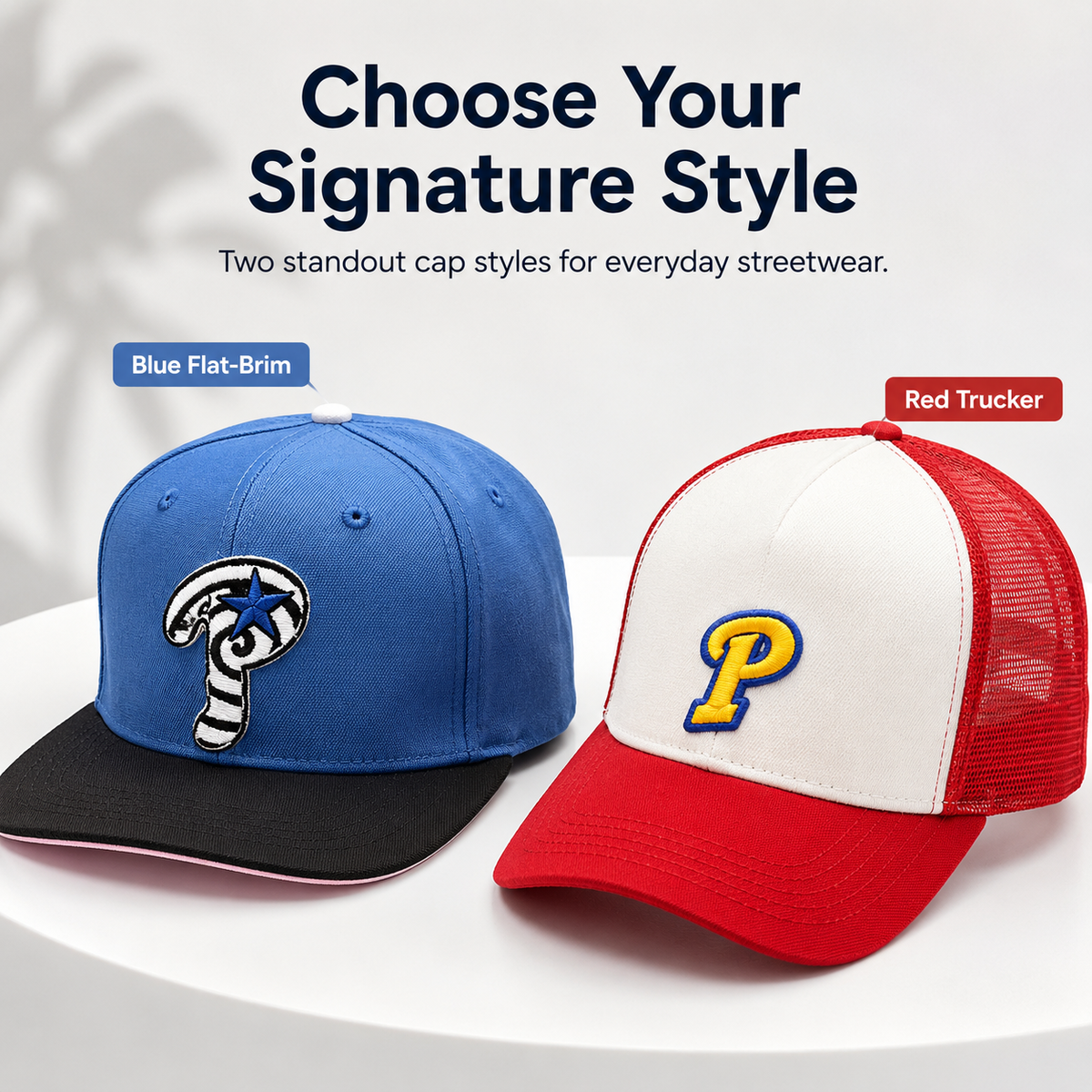 🧢 Embroidered Streetwear Cap – Blue Flat-Brim & Red Mesh-Back Trucker Style