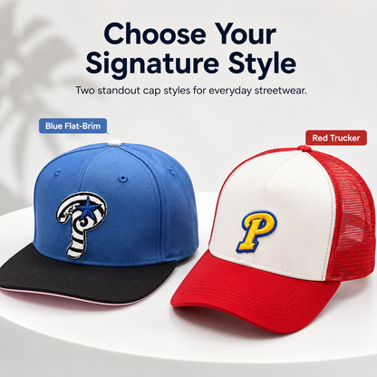🧢 Embroidered Streetwear Cap – Blue Flat-Brim & Red Mesh-Back Trucker Style