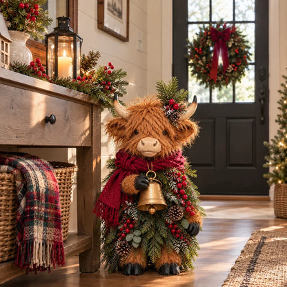 🐮 Highland Cow Christmas Decoration – Rustic Farmhouse Holiday Decor with Scarf & Bell