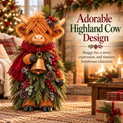 🐮 Highland Cow Christmas Decoration – Rustic Farmhouse Holiday Decor with Scarf & Bell