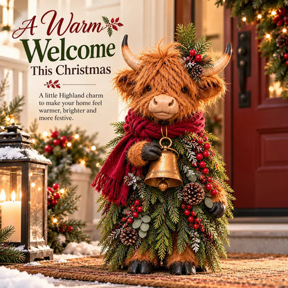 🐮 Highland Cow Christmas Decoration – Rustic Farmhouse Holiday Decor with Scarf & Bell