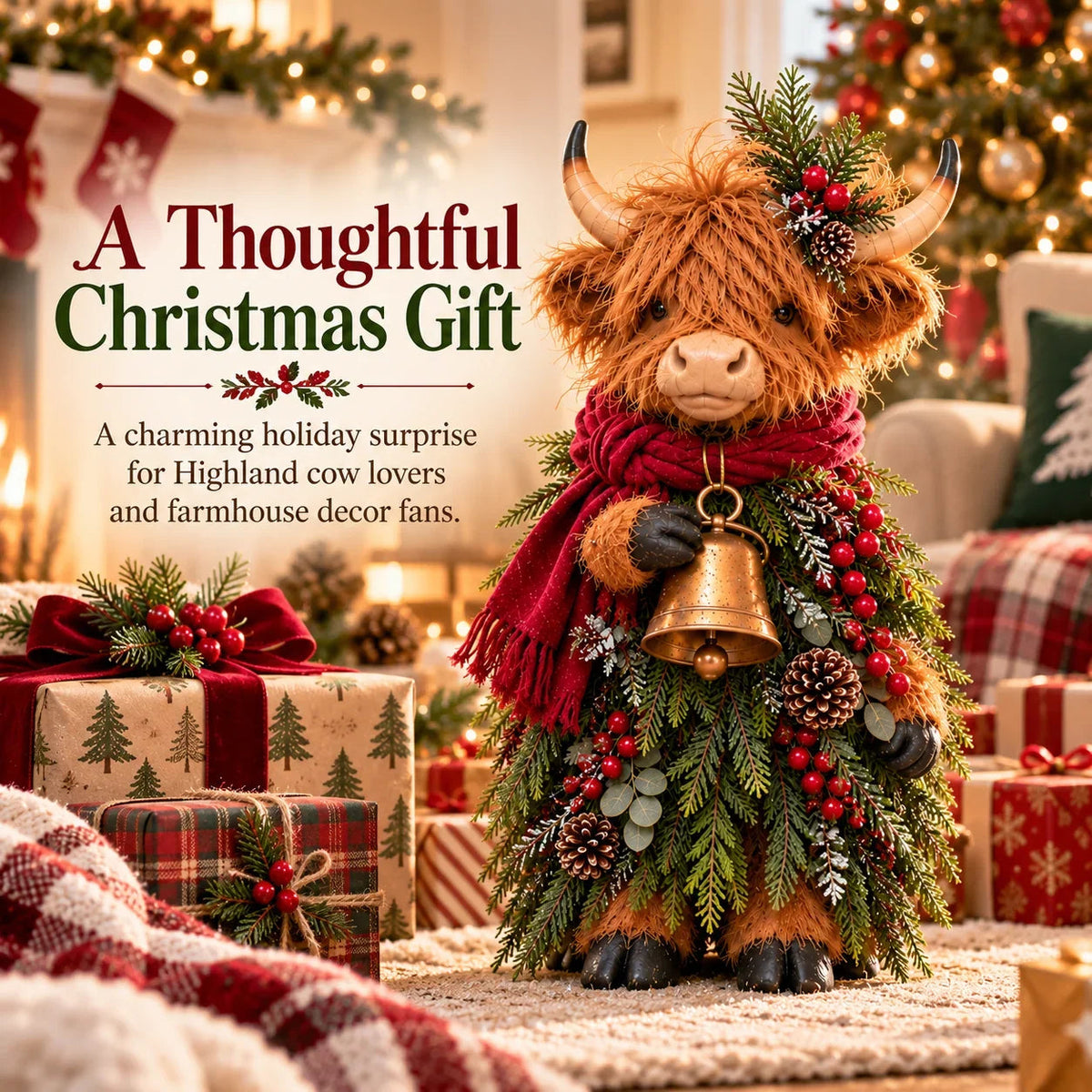 🐮 Highland Cow Christmas Decoration – Rustic Farmhouse Holiday Decor with Scarf & Bell