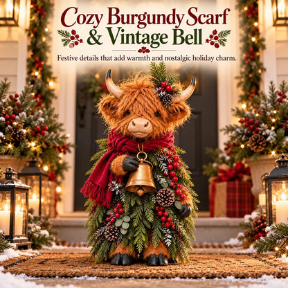 🐮 Highland Cow Christmas Decoration – Rustic Farmhouse Holiday Decor with Scarf & Bell