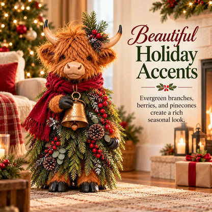 🐮 Highland Cow Christmas Decoration – Rustic Farmhouse Holiday Decor with Scarf & Bell