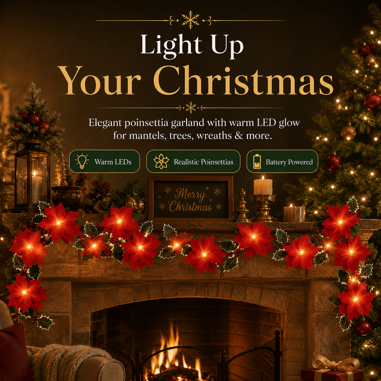 Lighted Christmas Poinsettia Garland with 10 or 20 Warm LEDs – Battery Powered Holiday Floral Decor