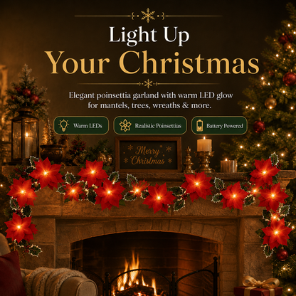 Lighted Christmas Poinsettia Garland with 10 or 20 Warm LEDs – Battery Powered Holiday Floral Decor