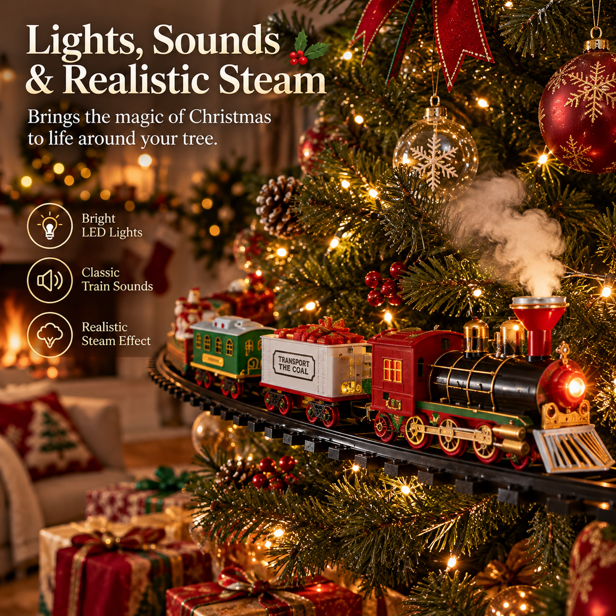 Christmas train with lights sounds and steam effect
