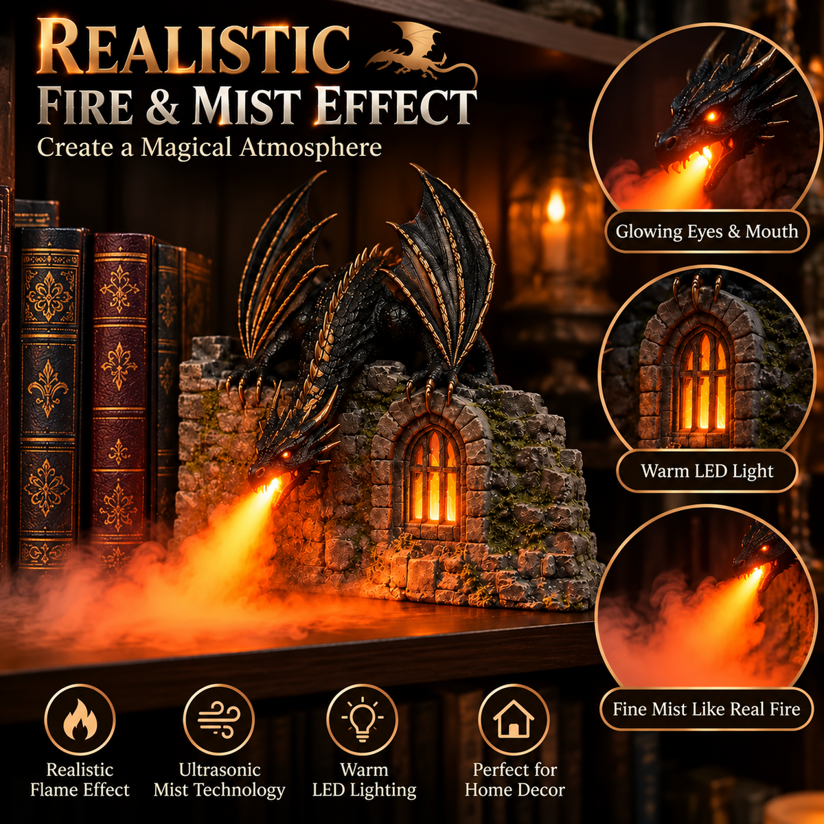 🐉 Dragon Fire Mist Diffuser – Ultrasonic Flame-Effect Humidifier with Warm LED Light & Remote