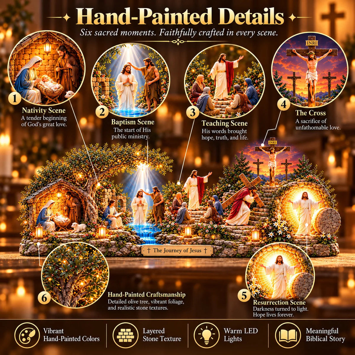 ✝️ The Journey of Jesus – 6 Biblical Scenes 3D Christian Faith Centerpiece with Warm Lighting