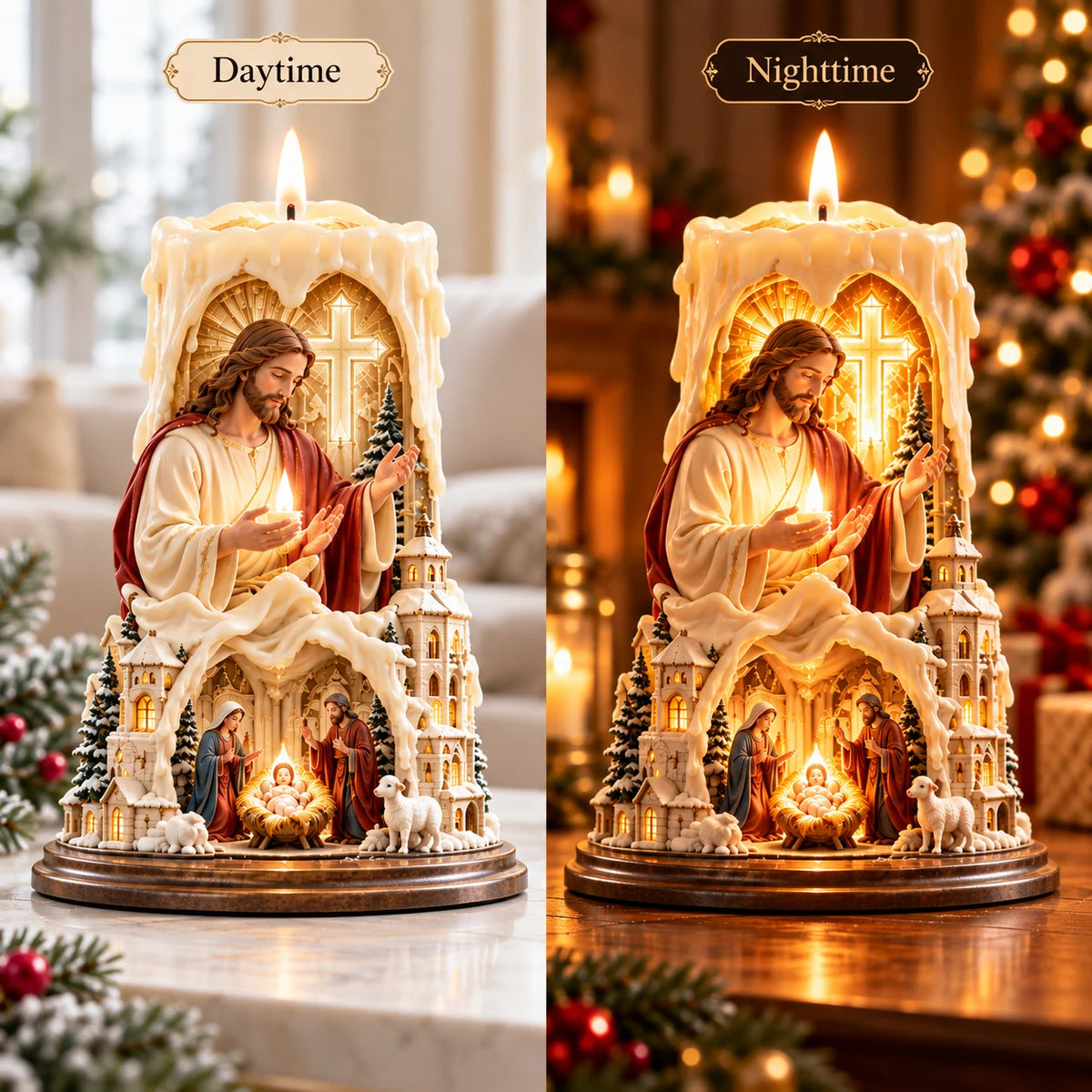 ✝️ Jesus Light of Faith – Nativity-Inspired Christian Candle Sculpture & Christmas Decor