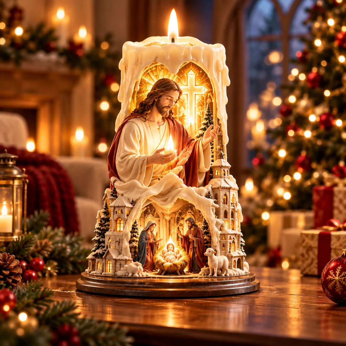 ✝️ Jesus Light of Faith – Nativity-Inspired Christian Candle Sculpture & Christmas Decor
